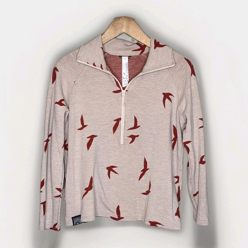 Oiselle Wazzie Wool Jacquard Half Zip Ivory Base With Red bird Layer Active Hike